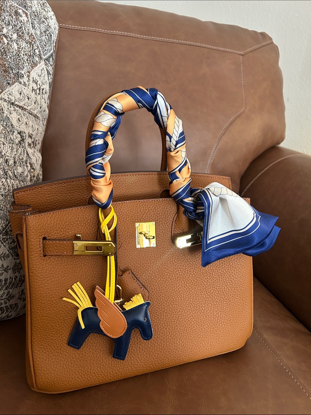 Not a Birkin “Wirkin Tan Leather Tote with Navy & Yellow Horse Charm Accent